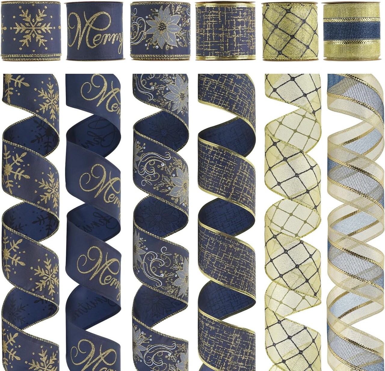 Navy Blue Wired Ribbon for Christmas Tree Blue and Gold Christmas Ribbon Wired Navy Ribbons for Bows, Wreaths, Garlands, Gift Wrapping Crafts, Home Decorations (2.5" x 6 Rolls, 36 Yds Total)